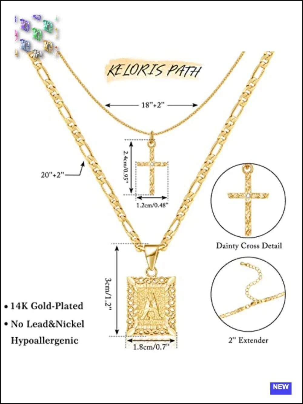 14k Gold Plated Stainless Steel Layered Initial Cross Pendant Necklace